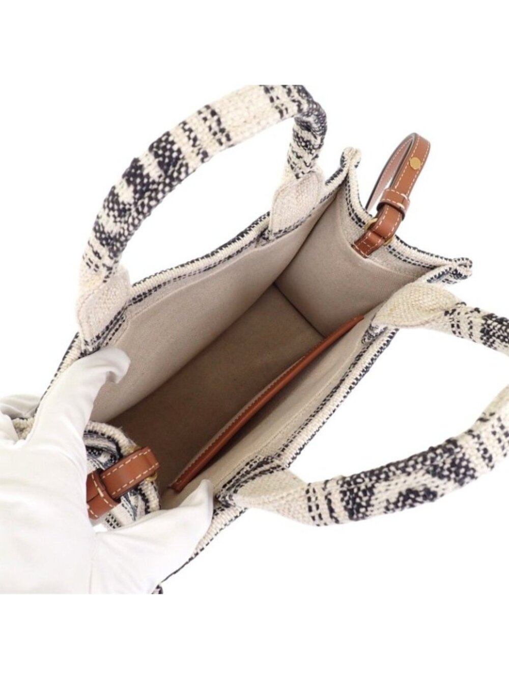 Celine Small Cabas Thais Jacquard Shoulder Bag Tote Cotton Calfskin White Navy - Picture 8 of 14